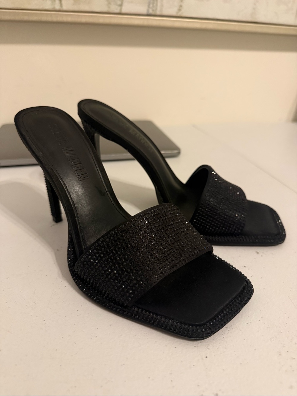 Steve Madden Black Rhinestone Square Toe Slip-On Mule Stiletto Heels size 6